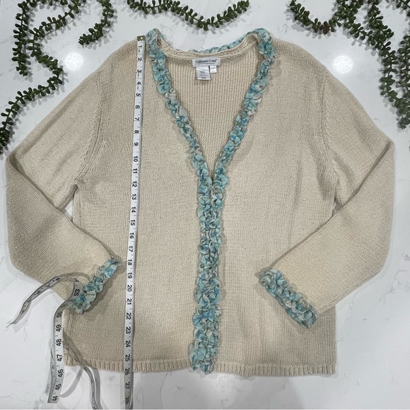 Coldwater Creek Ivory Cardigan Sweater with Blue Floral Ruffle Trim - Picture 6 of 10
